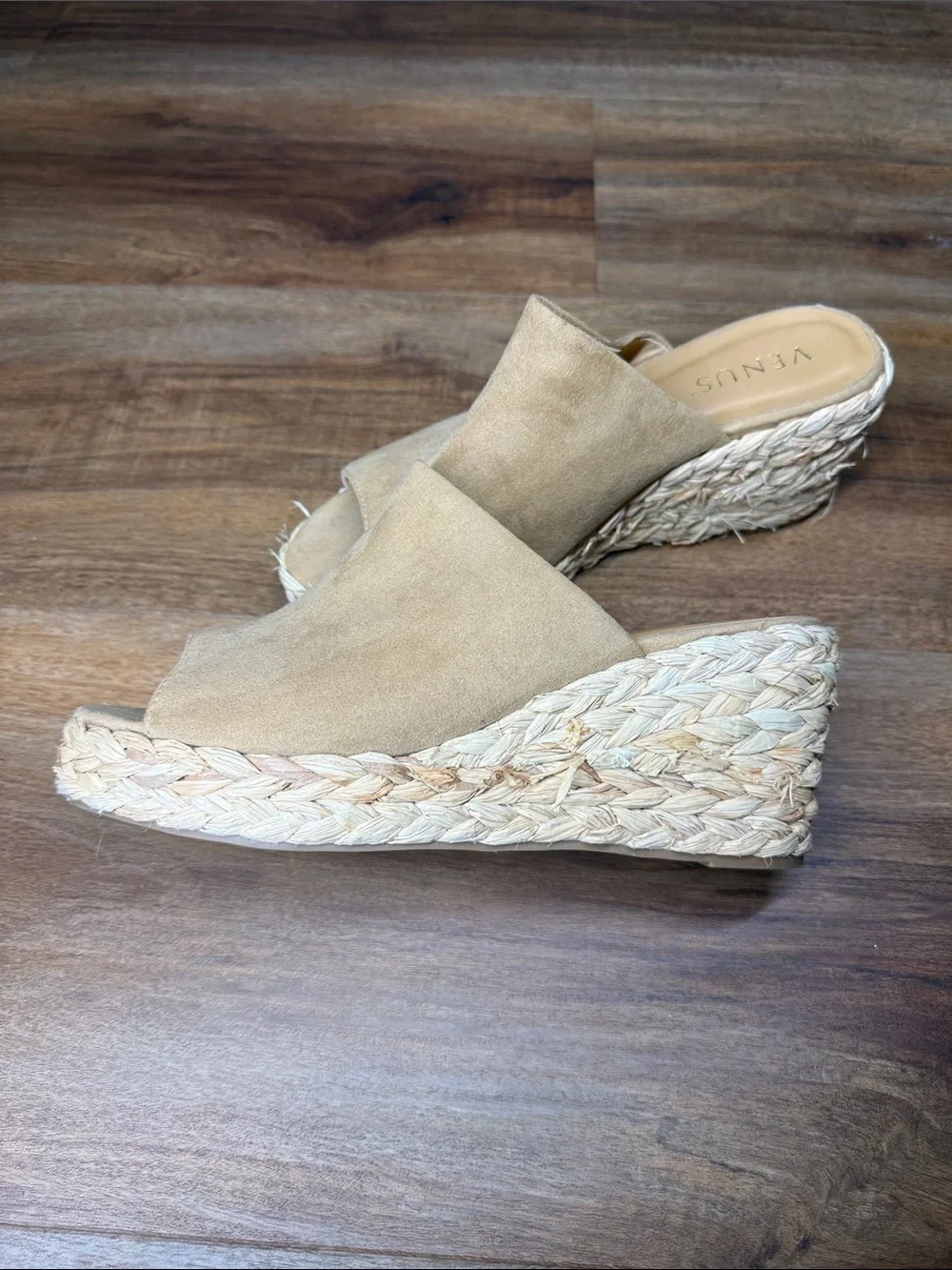 VENUS Beige Suede Espadrille Wedge Mule